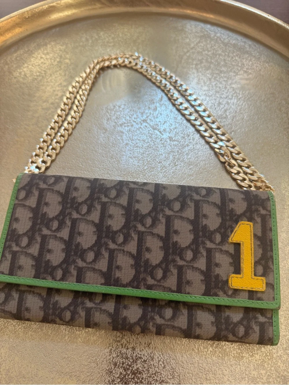 Dior Brown Monogram Canvas Wallet with Green Trim